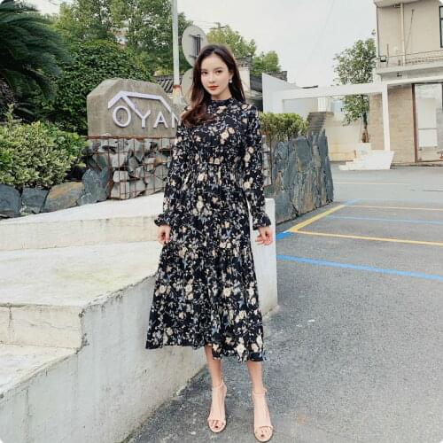 Elegant Korean Women Dress Vintage Floral Chiffon dresses Flare Sleeve Elasticat Waist Streetwear Casual Holiday Female Vestido