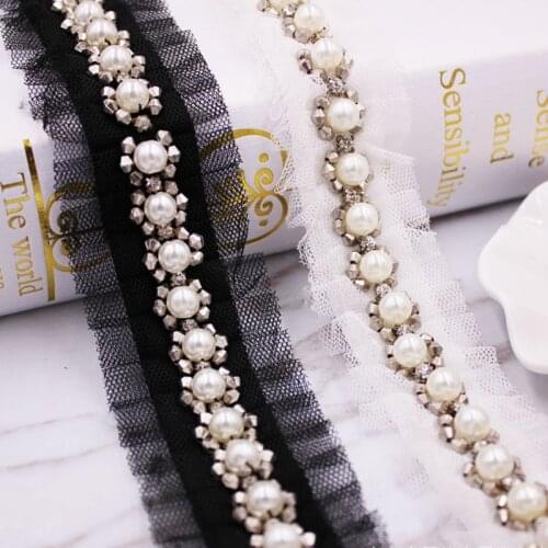 1Yard White Black Fake Pearl Beaded Lace Trim Vintage Ruffled Mesh Fabric Braid Lace Applique