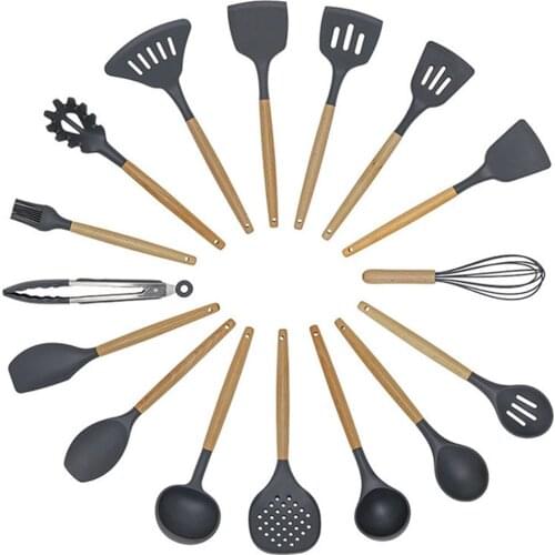 16pcs Silicone Kitchenware Set Heat Resistant Cookware Spatula Shovel Soup Spoon with Wooden Handle Non-stick Kitchen Accessorie