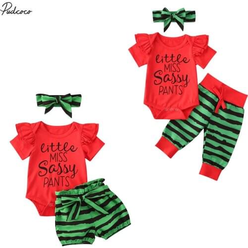 2020 Baby Summer Clothing Baby Girls 3PCS Watermelon Outfit Set Letter Ruffle Short Sleeve Button Romper Pants Bow Hair Set