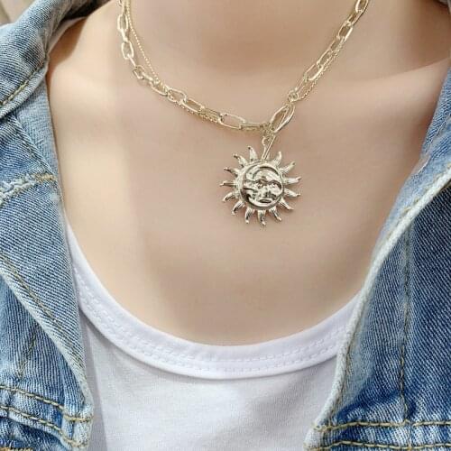 LOVOACC Metallic Sun Pendant Necklaces for Women Female Gold Color Alloy Coin Chunky Link Chain Chokers Necklace Accessories