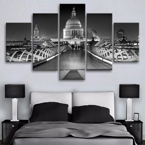 Black and White Building Mosque Landscape 5 Pieces Canvas Art Print Islamic Wall Art Canvas Paintings Posters Wall Decor Frame