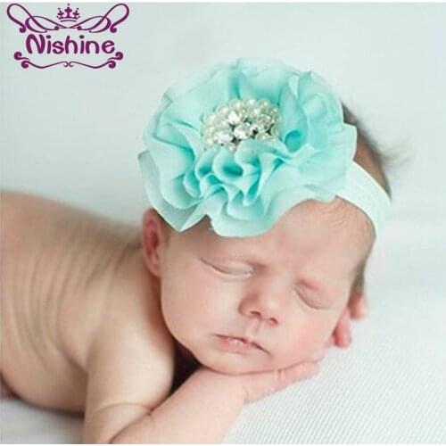 Nishine 15 Colors Children Kids Girls Pearl Diamond Chiffon Flower Headband Headwear Baby Hair Band Head Piece Accessories