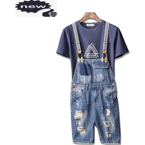 Boys Summer Casual Knee Length Jumpsuits Hole Ripped Jeans Zipper Mens Shorts Streetwear Washed Denim Suspenders