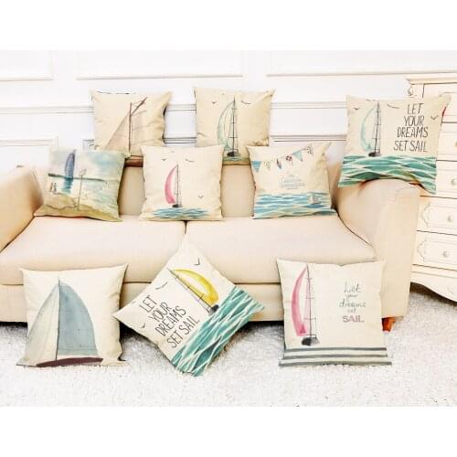 Sea Sailing Pattern Printing Cotton and Linen Fluffy Throw Pillowcase Ink Seaside Studio Decoration Sofa Cushion Cover