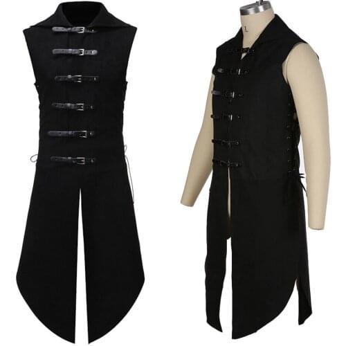 Mens Black Gothic Steampunk Velvet Vest Medieval Victorian Double Breasted Men Suit Vests Tail Coat Stage Cosplay Prom Costume