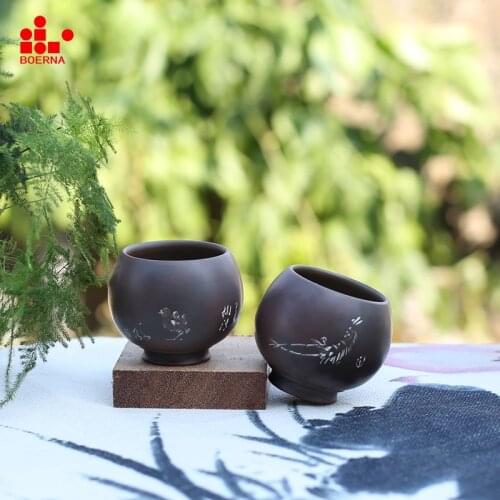 BOERNA 2pcs Chinese Doubei Nixing Pottery handmade Teacups teapot Tea Cup teacup Customized Carving China teaset Tea Pot Tea Set