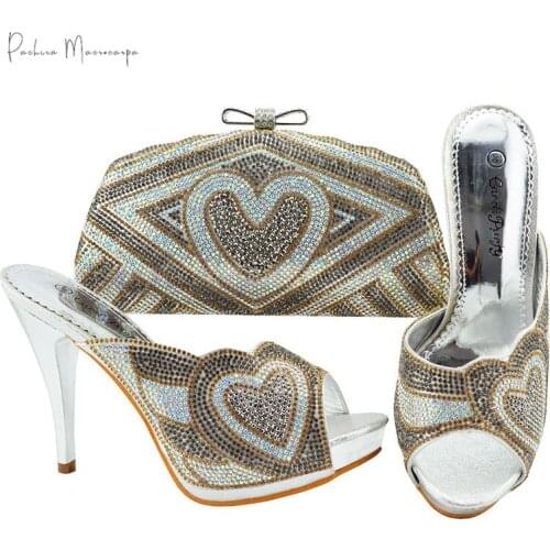 Newest Italian Design Women Shoes and Bag to Match in Silver Super High Heels African Lady Shoes Matching Bag with Dress