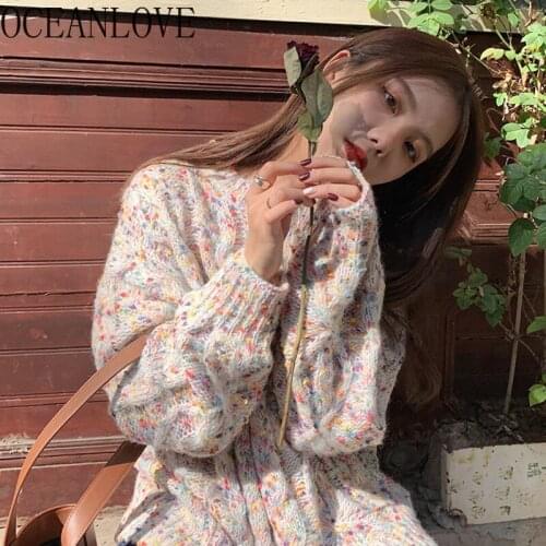 OCEANLOVE Rainbow Japan Style Cute Winter Pullovers Loose Warm 2021 Woman Sweaters Sweet Ins O Neck Casual Pull Femme Tops 19328