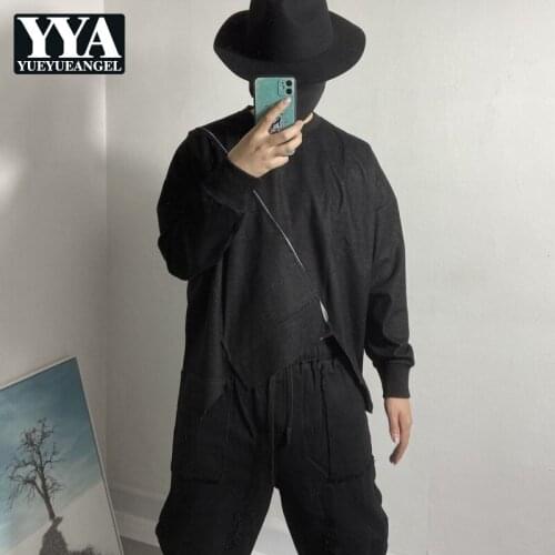 2021 Autumn New Spliced O-Neck Long Sleeve Irregular Design Loose Fashion Black Mens Casual Jackets Korean Style Solid Blouse