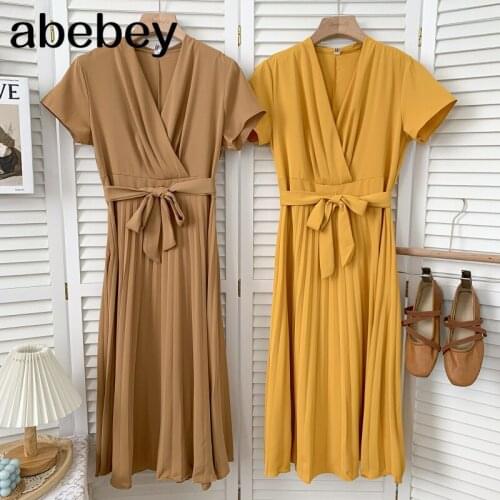 Temperament V-neck short sleeve Dress high waist lace up waist solid color mid-long A-line Pleated Dress 2021 New Summer