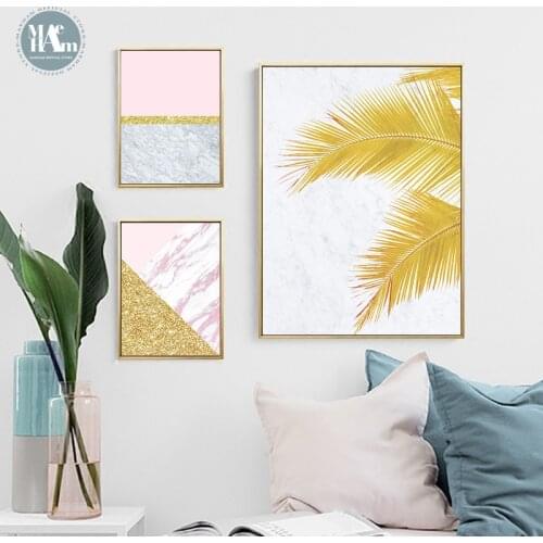 Nordic Golden geometry art wall art Canvas posters Painting Prints Golden leaves Abstract Pictures for Living Room Morden Decor