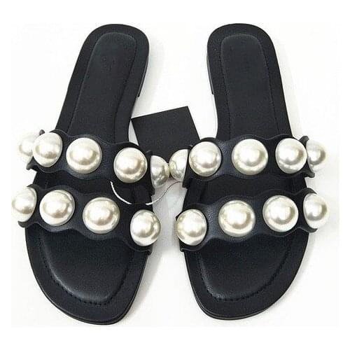 Brand shoes 2021 Fashion Flat Slippers Party shoes Fulgurant Pearl Sandals thin Belt Roman Flat Women Flip Flops Casual Beach