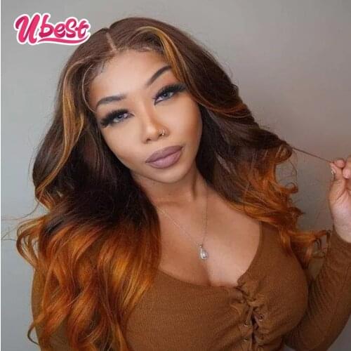 Ubest Ombre Orange Body Wave Lace Frontal Wig Peruvian Virgin Colored Human Hair Wigs Pre-Plucked 180% Wavy Lace Front Wig