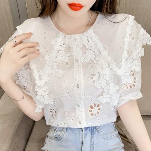 Summer New Top Women Fashion Clothing 2021 Lace Shirt Hollow Hook Flower Blusas Female Shirts Elegant White Ruffled Button 1020