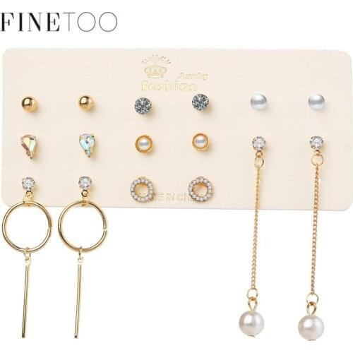 Mixed Round Water Drop Geometric Crystal Pearl Stud Earrings Set Small Earrings for Women Circle Bar Long Earrings Brincos