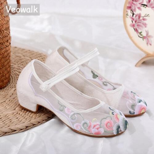 Veowalk Gauze Patchwork Women Cotton Embroidered Block Heel Shoes Summer See-through Mesh Pumps Elegant Ladies 4cm Heels Comfort