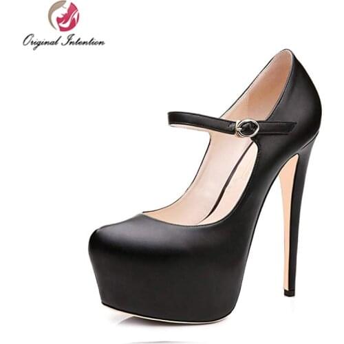 Original Intention Classic Women Pumps Mary Janes High Heels Stiletto Ladies Wedding Shoes Round Toe Buckle Black Nude Big Size