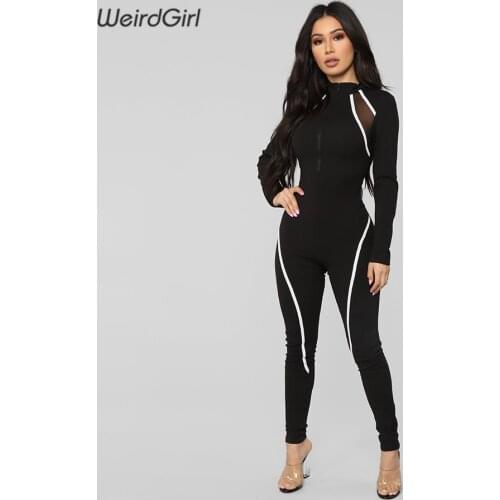Women jumpsuit Elegant Fitness Skinny striped Female elastic full Sleeve turtleneck Full Fength Bodycon Zipper new