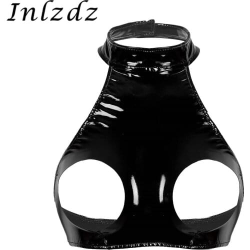 Womens Latex Open Cup Leather Bra for Sex Wet Look Hot Sexy Bra Top Halter Neck LingerieOpen Bust Crop Tank Top Exotic Costumes