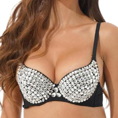 Sexy Handmade Luxury WomenS Push Up Bra, Sequined Bra, Silver, Punk Style, Studded Sponge, For Concerts And Parties