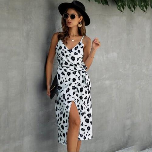 Women Split Printed Lace Up Spaghetti Strap Long Dress V-Neck Sleeveless Female Dresses 2021 Summer Fashion Ladies Vestidos