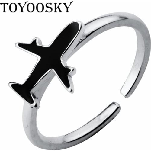 TOYOOSKY s925 Sterling Silver Simple Black Color Airplane Ring Jewelry Opening Adjustable for Women Gifts Gift Finger Rings