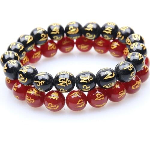 10mm Red Black Agat Beads Bracelet Men Six-character Buddha Braslet Yoga Prayer Jewelry Natural Stone Strand Braclet Pulseras