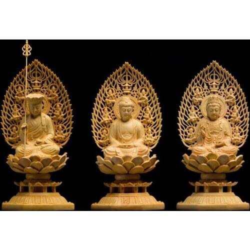 3PCS/SET CARVING BUDDHA STATUE GODDESS WESTERN TRINITY SOLID WOOD CRAFT FENG SHUI DECORATION BUDA STATUES HOME DECOR R1548
