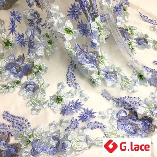 GLace 1Y/lot Violet lace flower embroidery fabric 1.25m wide household goods clothing curtain dress decoration diy cloth TX132