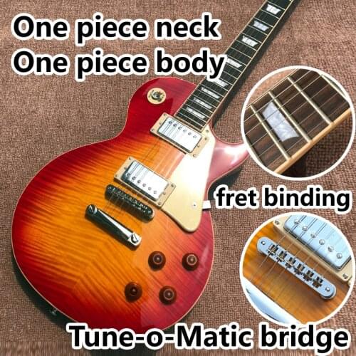 One piece Neck one piece body electric guitar in sunburst ,Upgrade Tune-o-Matic bridge guitar Tiger Flame guitar Free Delivery