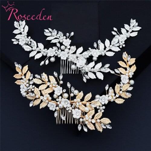 Elegant Porcelain Flower Bridal Hair Comb Crystal Gold Silver Color Hair Barrette wedding hair jewelry RE3881