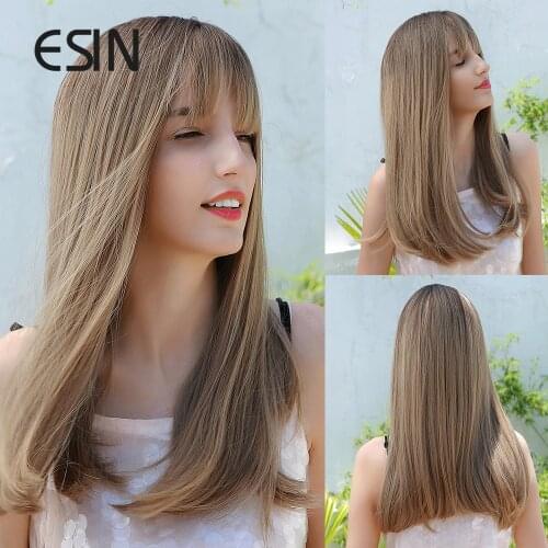 Inhaircube Long Straight Ombre Blonde Long Synthetic Wig with Bangs High Density Natural Headline Heat Resistant Hair Wigs