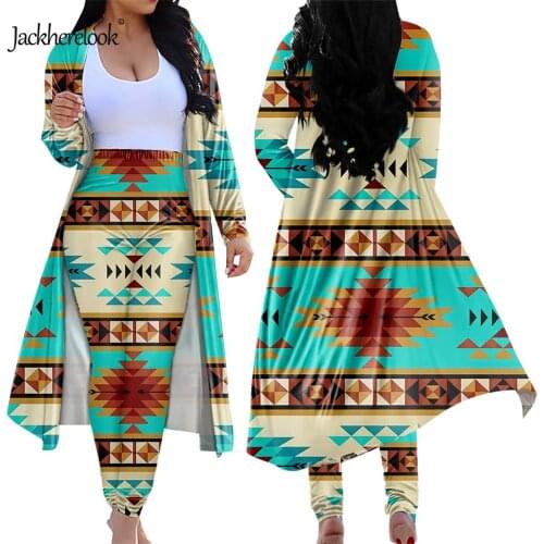 Jackherelook Navajo Native Ethnic Stripe Print Two Piece Outfits 2 Set Open Front Cardiga Skinny High Waist Long Pants Leggings
