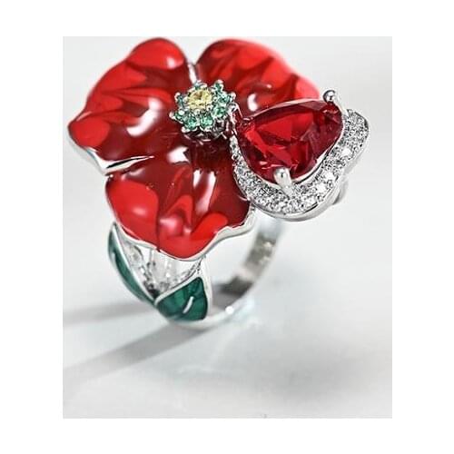 Exquistite 925 Sterling Silver Red Ring Flower Ring Enamel Coloured Cloisonne Process Ring Size 6-10