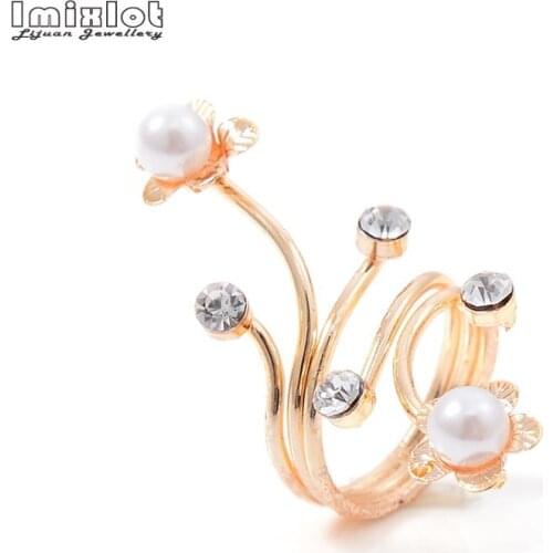 1PC Delicate Zircon Crystal Leaf Imitation Pearl Flower Ring Adjustable Opening Rings for Women Fashion Party Christmas Gift