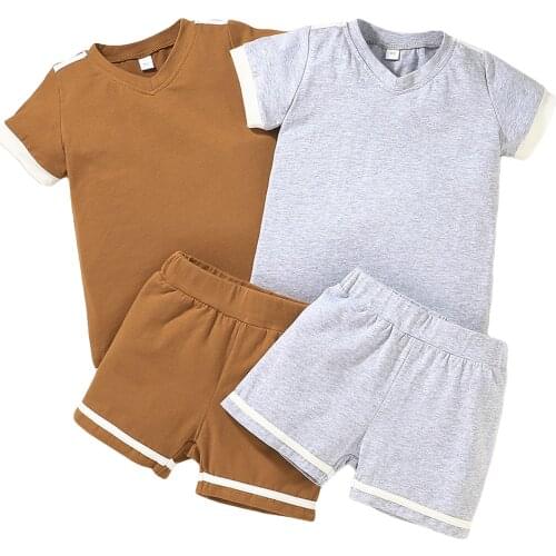 Children Contrast Color Clothes Set, Boys Short Sleeve V-neck T-shirt + Shorts for Summer 18M-6T
