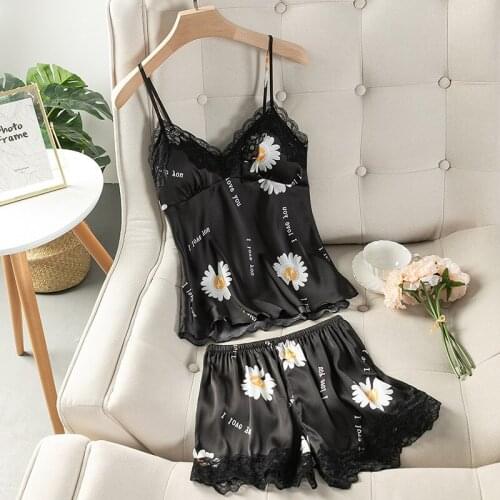 V-Neck Daisy Printed Pajamas Suits 2PCs Womens Summer Silk Satin Thin Suspender Shorts Sets Sexy Charming Female Sweet Lovely