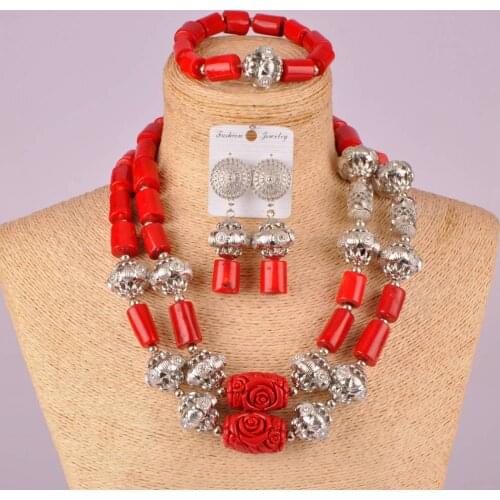 Red coral nigerian wedding african beads coral jewelry set