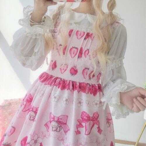 Summer JSK sweet Strawberry Sleeveless dress Pink Lolita dress pink ruffled bubble Cherry sling dress