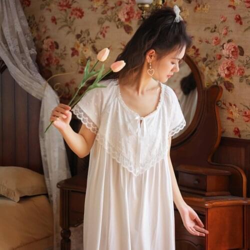 Summer Short-sleeved Nightdress Women Cotton Loose Sleepwear White Lace Nightgowns Long Sleeping Dress Retro Palace Sleep Tops