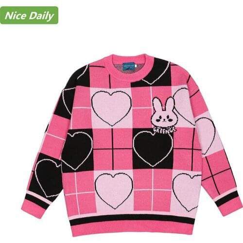 NiceDaily Harajuku Style Cute Love Plaid Women Sweater Casual Loose Men and Women Korean Autumn and Winter Long-Sleeved Sweater
