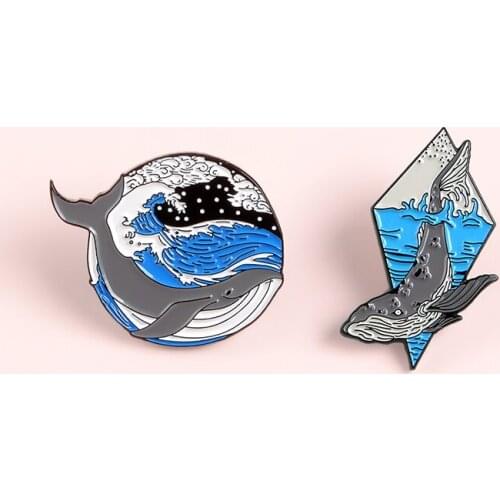 Marine Organism Ocean Billowing Waves Grey Whale Shark Blue Lapel Pin Badge Animal Jewelry Gift Brooches For Men Women