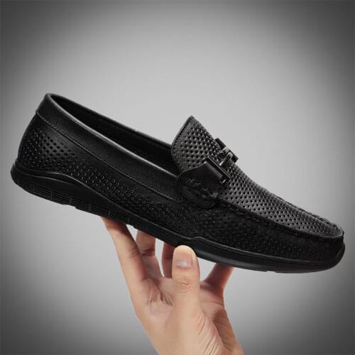 Men Casual Shoes Luxury Brand Mens Loafers Summer Genuine Leather Flat Driving Shoes Man Breathable Moccasins Hollow Out Loafer