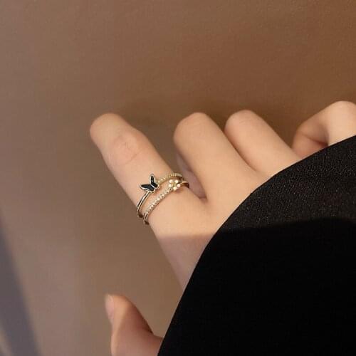New Double Layer Simple Black Butterfly Rings for Women Trendy Elegant Jewelry Female Delicate Fashion Opening Adjustable Rings