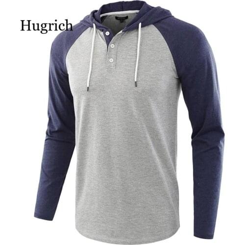 Autumn Mens Tshirt Casual Loose Hooded Tops Tees Shirt Male New Sportswear Hoodie Patchwork Long Sleeve Mens T-Shirt Clothing