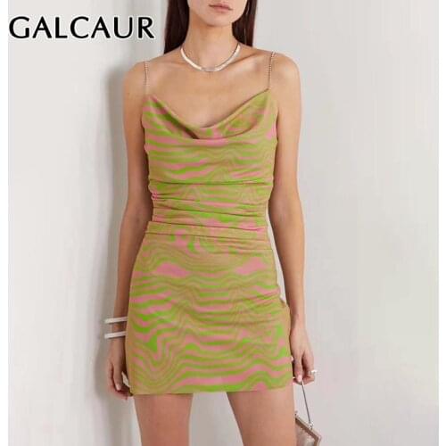 GALCAUR Print Hit Color Dress For Women Square Collar Puff Sleeve High Waist Tunic Ruched Mini Dresses Female 2020 Summer New