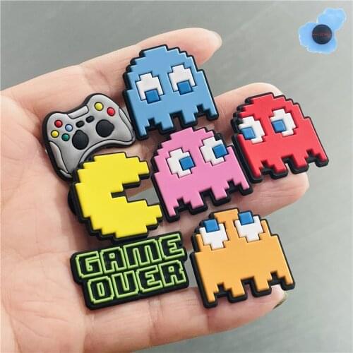 Single Sale 1pcs Eat Beans Hot Game over PVC Shoe Charms Shoe Decoration Diy Backpack Wristbands Croc Jibz Shoes Kids Party Gift