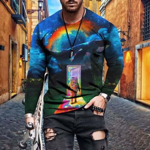 Casual T-shirt mens long-sleeved T-shirt mens O-neck solid color T-shirt 3D anime character printing mens bottoming top