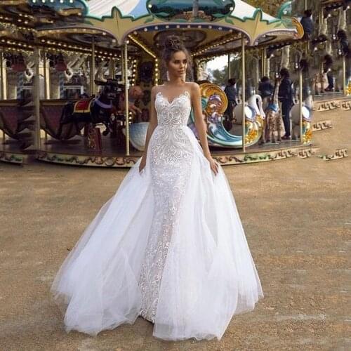 Luxury Lace Mermaid Wedding Dresses with Detachable Tulle Skirt Sexy Back Bride Dress Mermaid Customized Sukienki koktajlowe